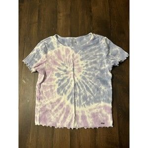 Hollister T Shirt Crop Top Women’s M Medium Blue Pink White Tie Dye Ribbed